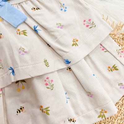 Vestido com Florzinhas e Laço - Areia e Azul Bebê
